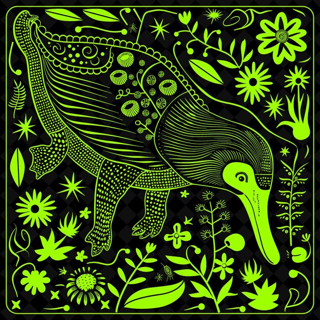 PSD arte folclórico de ornitorrinco con plantas acuáticas australianas y una ilustración única de pa