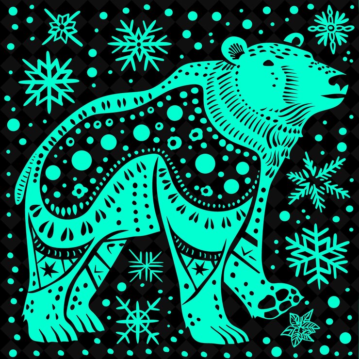 PSD arte folclórico del oso polar png con copos de nieve y elementos árticos para la ilustración decoración del marco del contorno