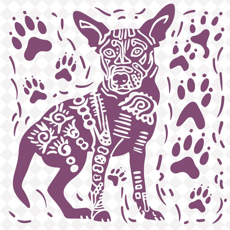 PSD arte folclórico de perros png con huesos e impresiones de patas para decoraciones crea una ilustración contorno decoración de marco