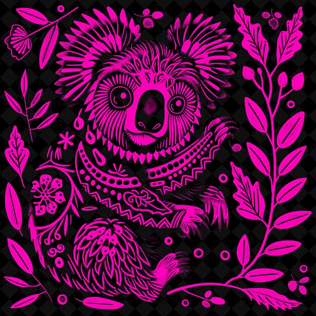 PSD arte folclórico png koala con hojas de eucalipto y patrones australianos para la ilustración contorno decoración del marco