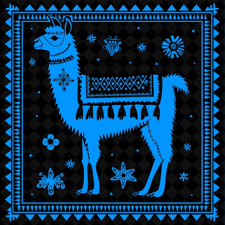 PSD arte folclórico png llama con textiles andinos y ilustración de elementos sudamericanos contorno decoración del marco