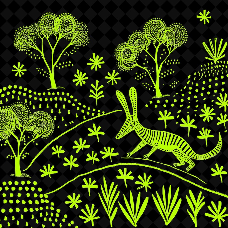 PSD arte folclórico de png numbat con montículos de termitas australianos y una ilustración única del contorno del marco de pa