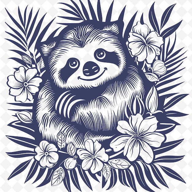 Arte folclórico png perezoso con flores tropicales y elementos de la selva tropical Ilustración Contorno Decoración del marco