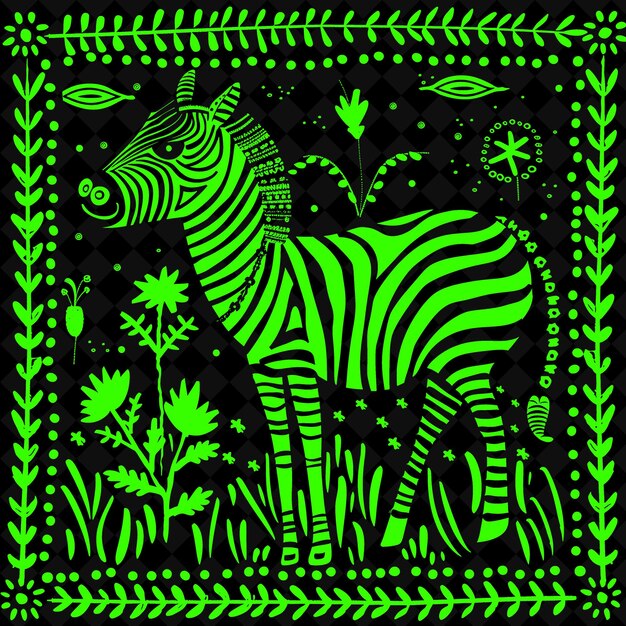 PSD arte folclórico png zebra con pastizales y perlas africanas para la ilustración de decoración contorno decoración del marco