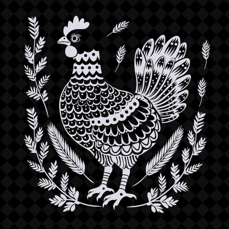 PSD arte folclórico de pollo con huevos y tallos de trigo para decoraciones colección de marcos artísticos de contorno creativo