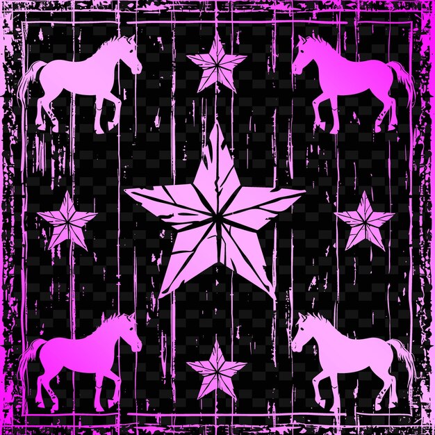 PSD arte folclórico rústico de la estrella del granero con patrón de tabla de madera e ilustración de caballos colección de motivos de decoración