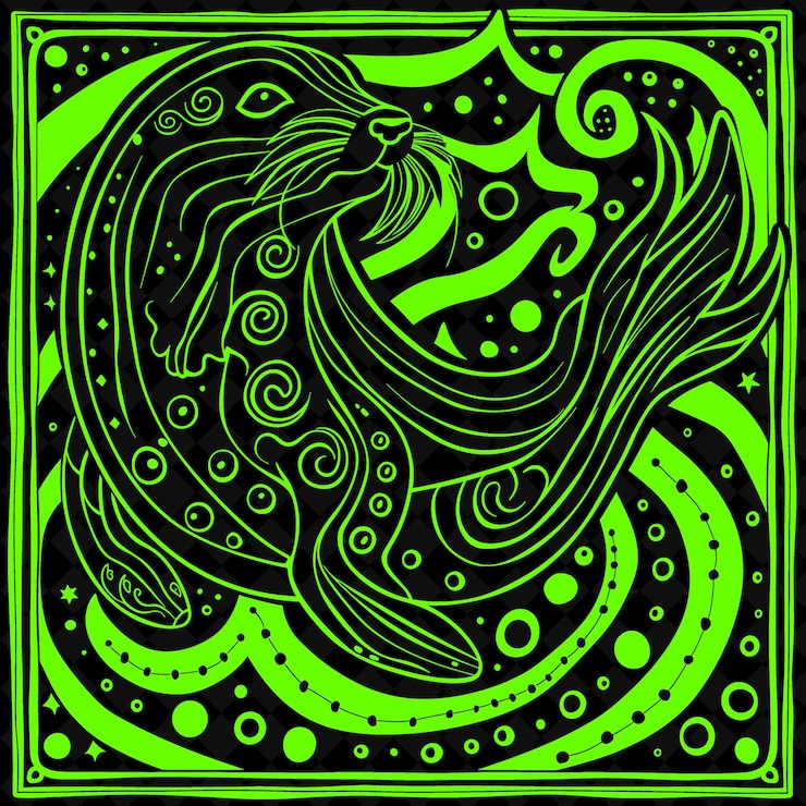 PSD arte folclórico de sello png con peces y olas del océano para decoraciones crea ilustración contorno decoración de marco
