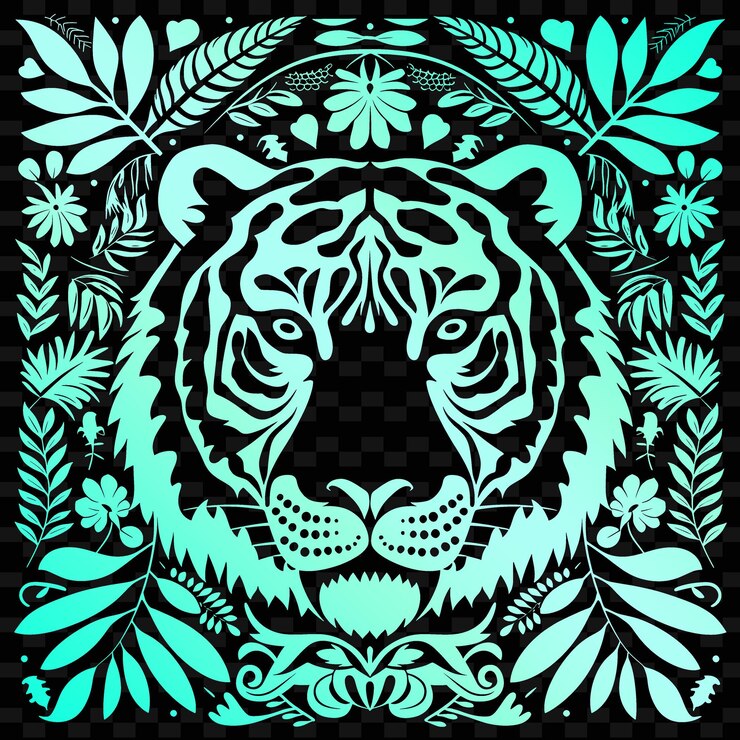 PSD arte folclórico de vanidad con temática de la selva con diseño de tigre e ilustración de hoja sim colección de motivos de decoración
