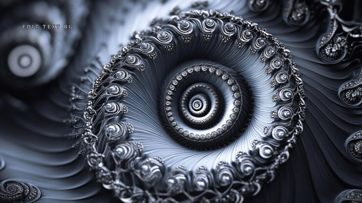 PSD arte frattale astratta che raffigura spirali ornate metalliche vorticose in tonalità di grigio