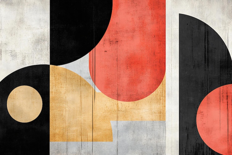 PSD arte geométrico abstracto con beige rojo negro y formas blancas en un fondo texturizado