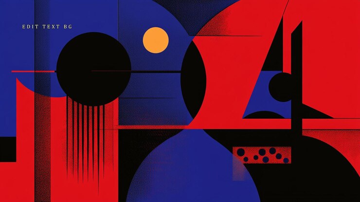PSD arte geométrico abstracto con formas rojas, azules y negras, círculos y líneas.