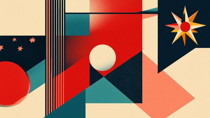 PSD arte geométrico abstracto con formas rojas y beige de estrellas y líneas