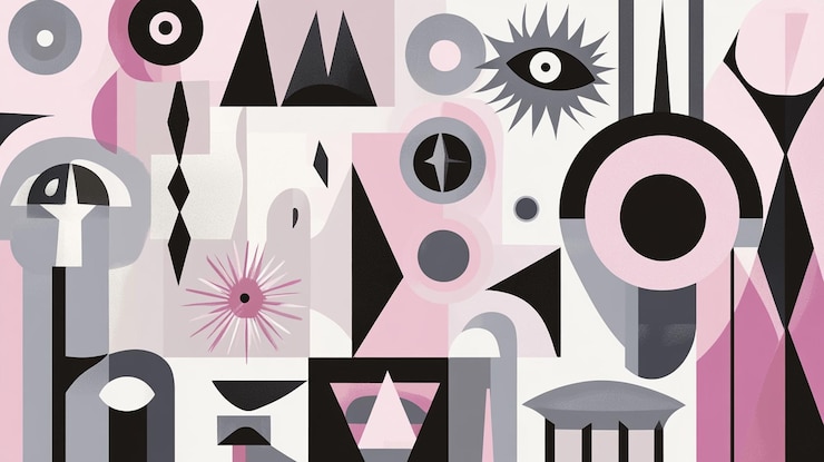 PSD arte geométrico abstracto con formas rosadas negras y grises ojos y elementos simbólicos