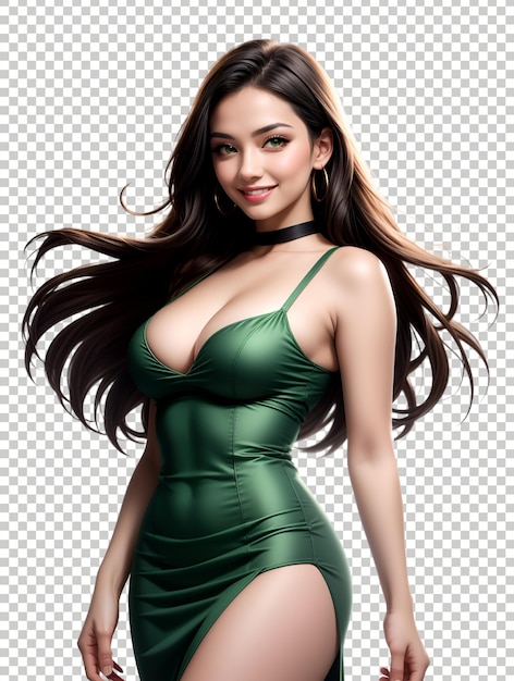 Arte de juegos de estilo anime chica sexy con vestido verde en fondo transparente