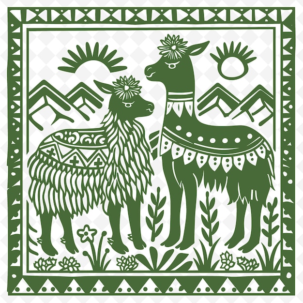 PSD arte de línea de alpaca con patrones peruanos y cadenas montañosas f arte de garabateo de contornos decoración de la naturaleza