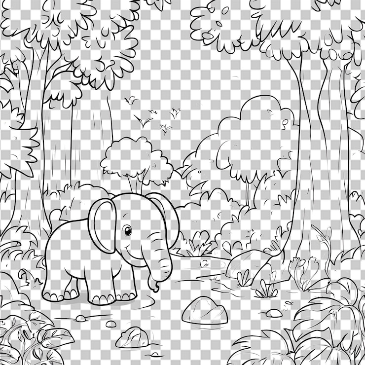 PSD arte de línea estilizada de un elefante en el entorno de la jungla