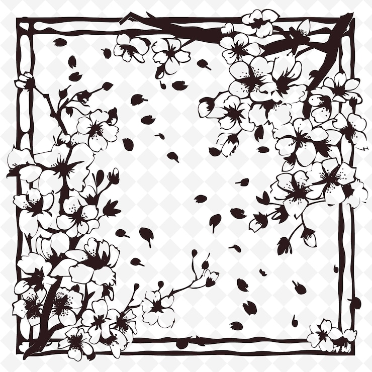 PSD arte de la línea de la flor de cerezo con pétalos y ramas para la decoración contorno artes garabateadas de la decoración de la naturaleza