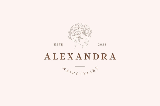 Arte de línea minimalista retrato de mujer corona de flores cabeza flor de primavera logotipo