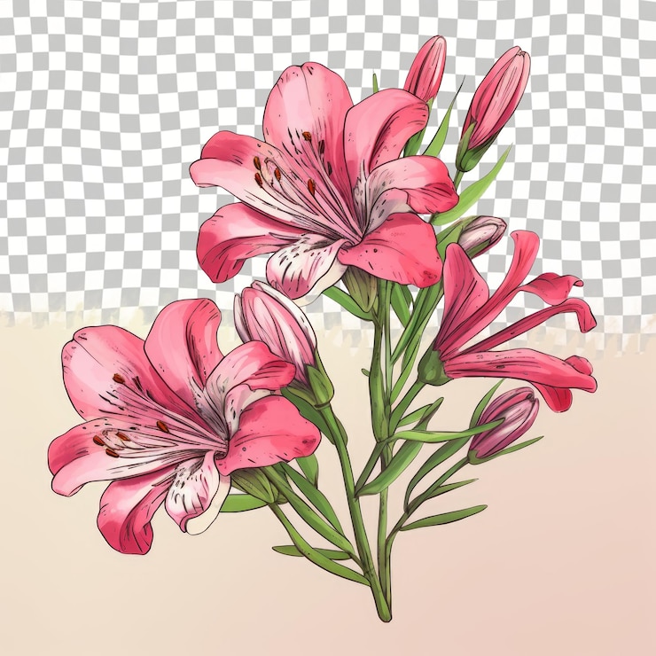 PSD arte de lirio stargazer con flores rosadas y hojas verdes en un fondo transparente