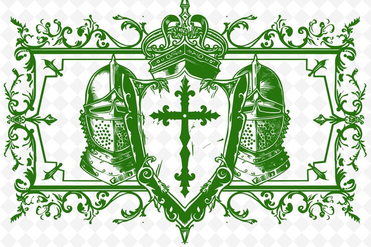 PSD arte del marco del casco de los cruzados de png con decoraciones de cruz y escudo ilustración arte del marco decorativo