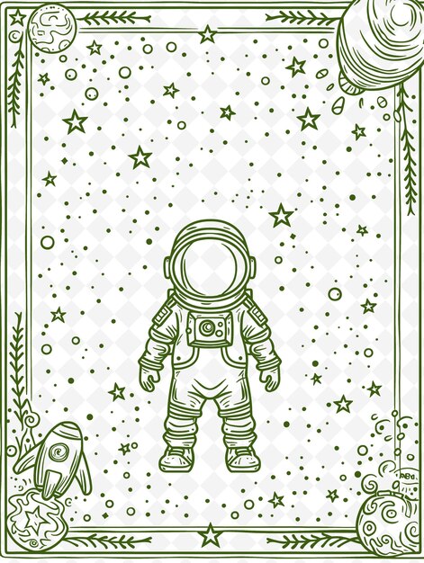 PSD arte de marco de exploración espacial png con astronauta y decoración de cohetes ilustración arte de marco decorativo