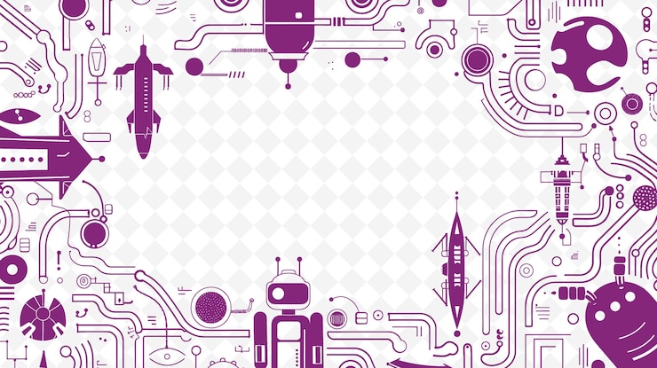 PSD arte de marco futurista con decoraciones de robots y naves espaciales bo ilustración arte de marco decorativo
