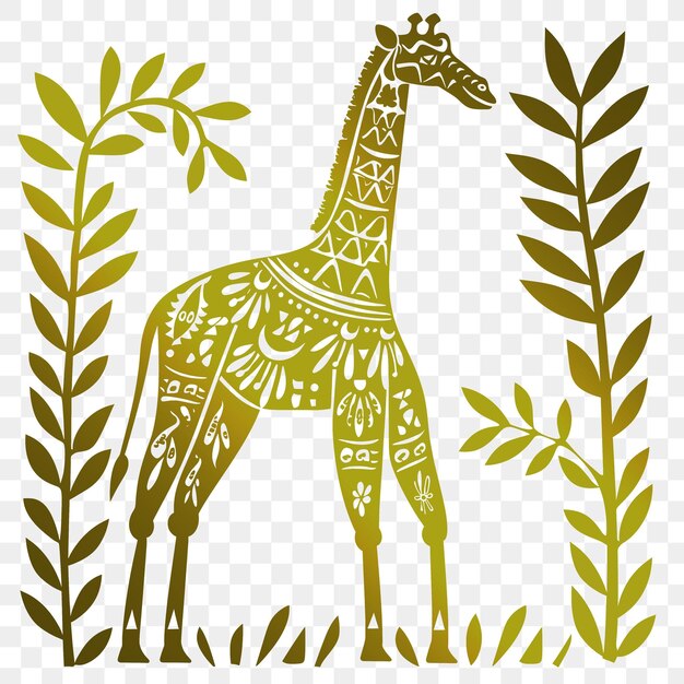 PSD arte de marco de jirafa vectorial psd con hojas de acacia y patrones africanos para tatuaje de arte garabateado cnc