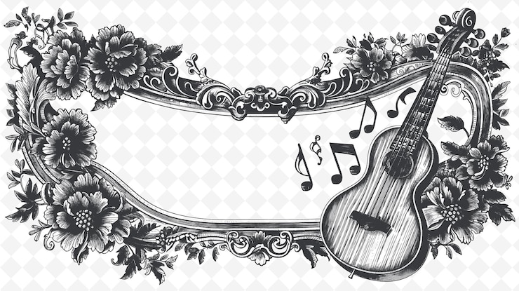 PSD arte del marco del laúd renacentista con notas musicales e ilustración de decoración floral arte del marco decorativo