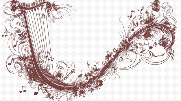 PSD arte del marco del laúd renacentista con notas musicales e ilustración de decoración floral arte del marco decorativo