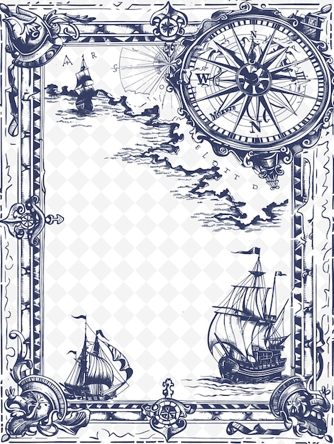Arte de marco de mapa medieval con brújula y decoraciones de barcos ilustración de bor arte de marco decorativo