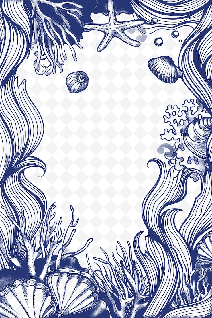 PSD arte de marco oceánico con conchas marinas y decoraciones de coral ilustración de la frontera arte de marco decorativo