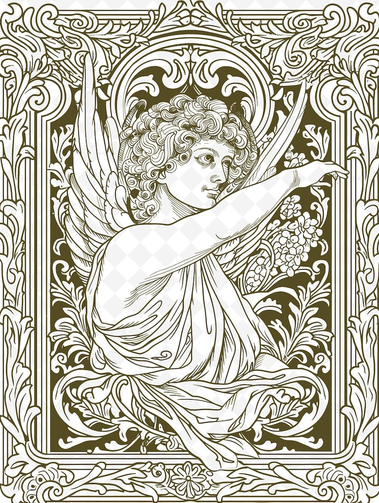 PSD arte de marco de retrato renacentista con ángel y decoración floral ilustración arte de marco decorativo