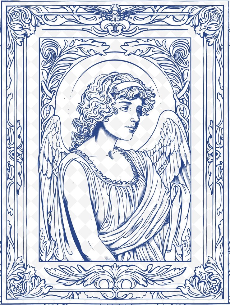 PSD arte de marco de retrato renacentista con ángel y decoración floral ilustración arte de marco decorativo