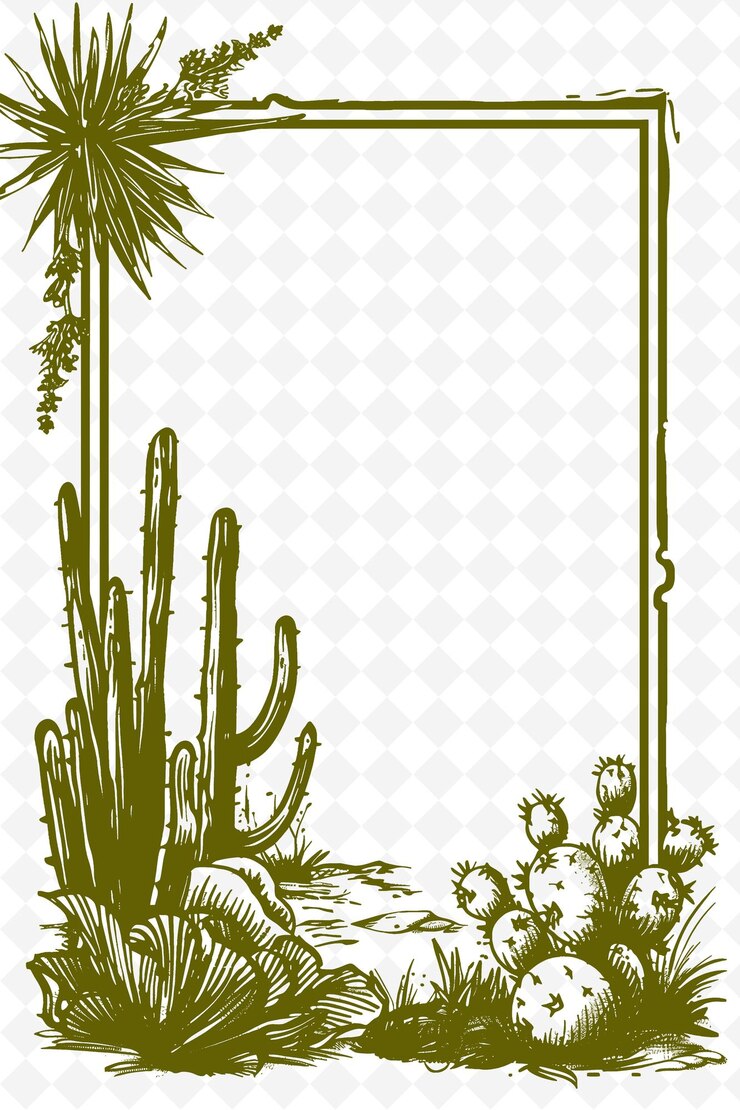PSD arte de marco temático del desierto con decoraciones de cactus y coyotes b ilustración arte de marco decorativo