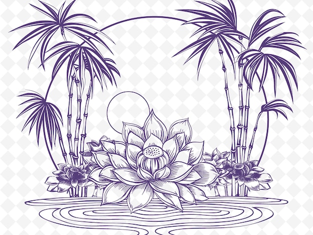 PSD arte de marco zen png con decoraciones de flores de loto y bambú ilustración de borde arte de marco decorativo