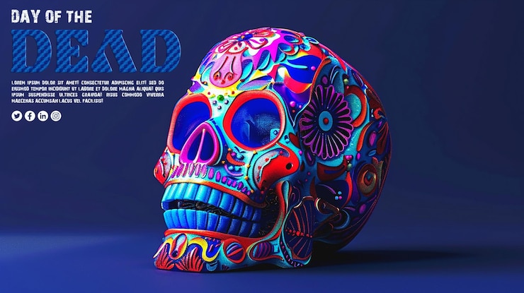 PSD arte mexicana vibrante de crânio de açúcar comemorando o dia dos mortos