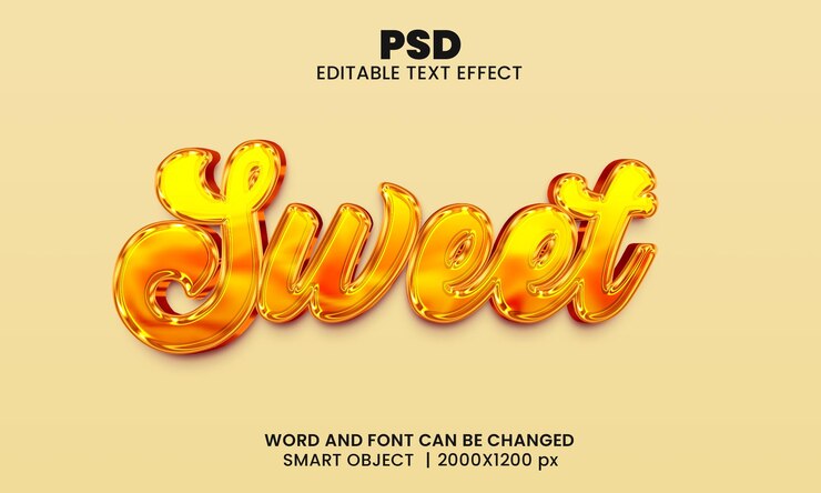 PSD arte de palabras 3d dorado brillante efecto de texto dulce
