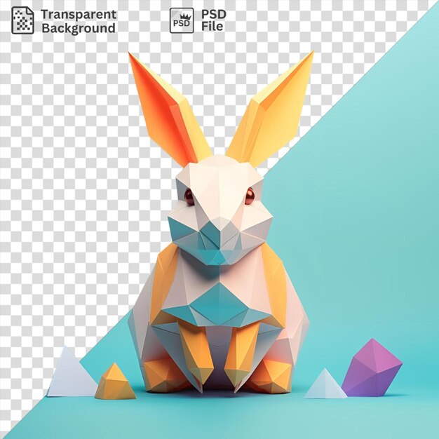 arte de papel único de un conejo sobre un fondo azul acompañado de un triángulo triangular y un cielo azul con un ojo rojo y negro en primer plano