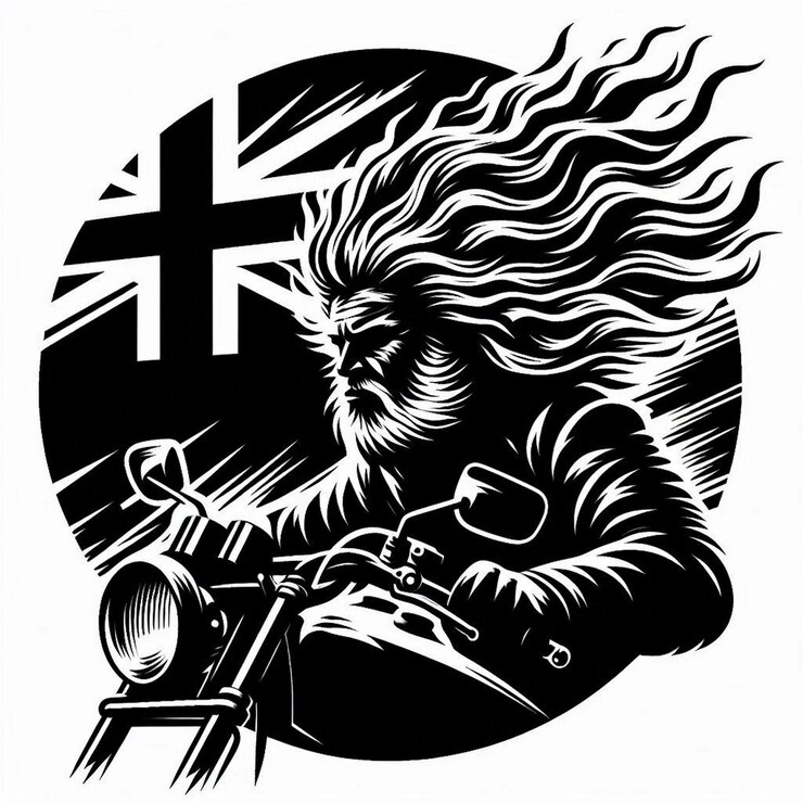 PSD arte de pincel de la bandera redonda de fiji mujer ciclista en una motocicleta delantera arte de pinta de grabado