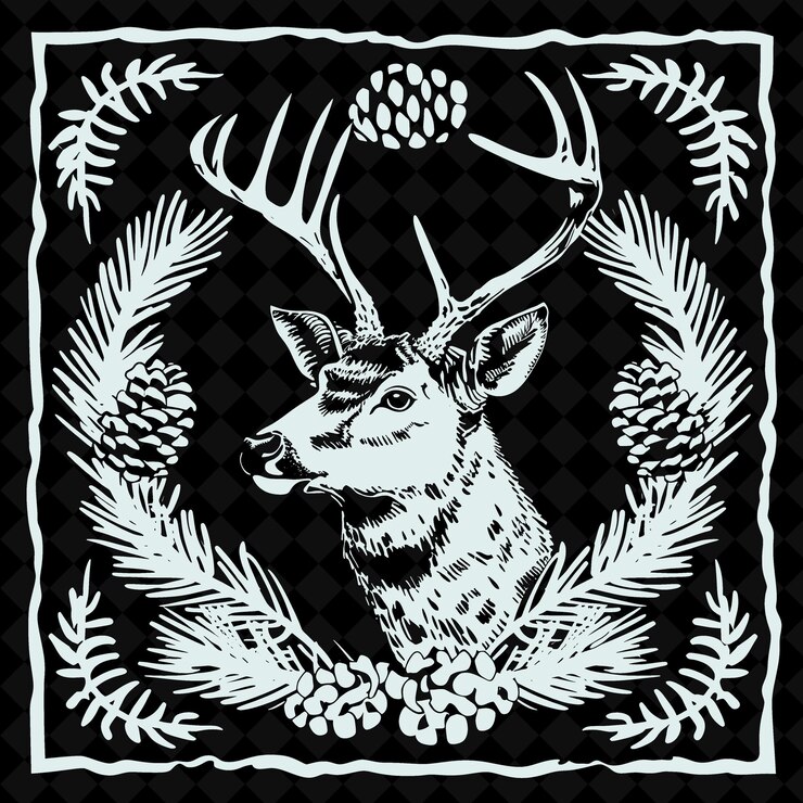 PSD arte popolare dei cervi con conie di pino e rami sempreverdi per la collezione creative outline art frame deco