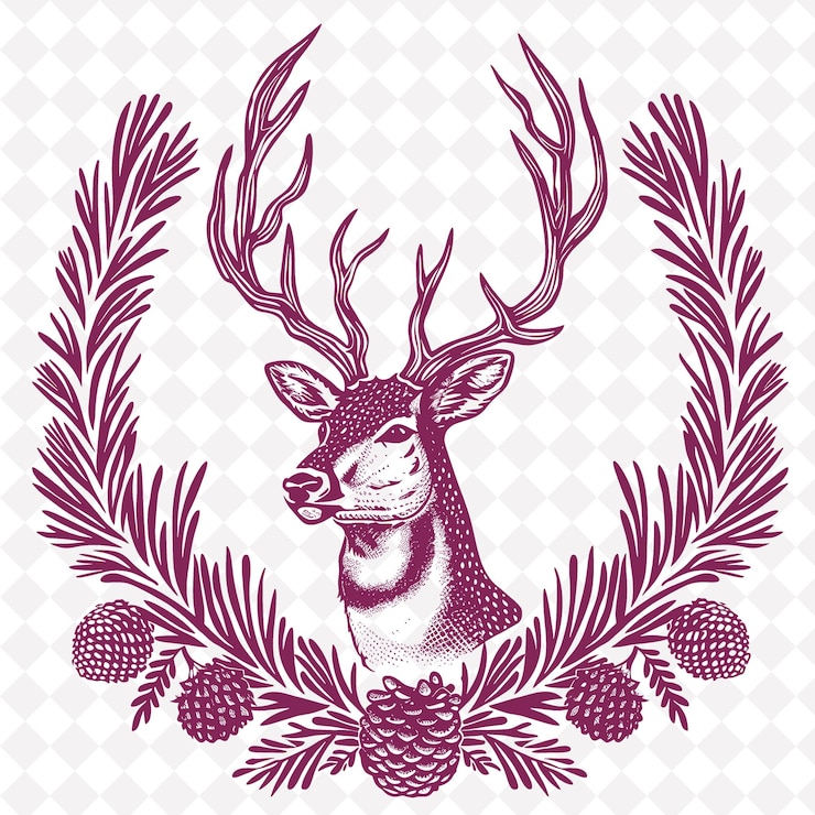 PSD arte popolare dei cervi di png con conie di pino e rami sempreverdi per l'illustrazione decorativa del contorno del telaio