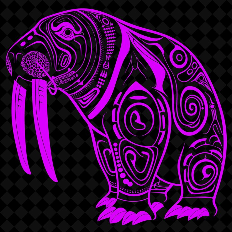 PSD arte popolare png walrus con motivi inuiti ed elementi artici per l'illustrazione contorno decorazione della cornice