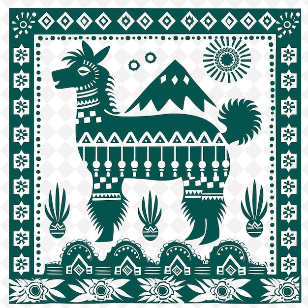 PSD arte popular de la alpaca con patrones peruanos y cadenas montañosas ilustración contorno decoración del marco