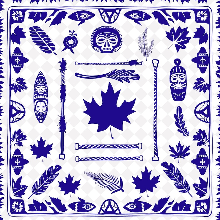 PSD arte popular canadiense con hojas de arce y tallas inuit para d decorativo de marco único tradicional