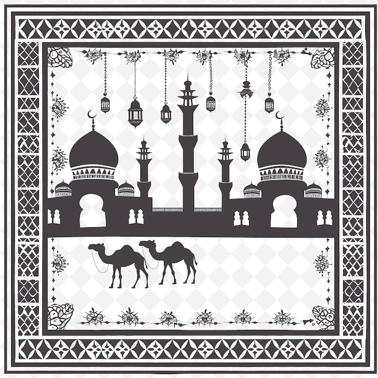 PSD arte popular de oriente medio con patrones arabescos y linternas colección de arte de contorno tradicional