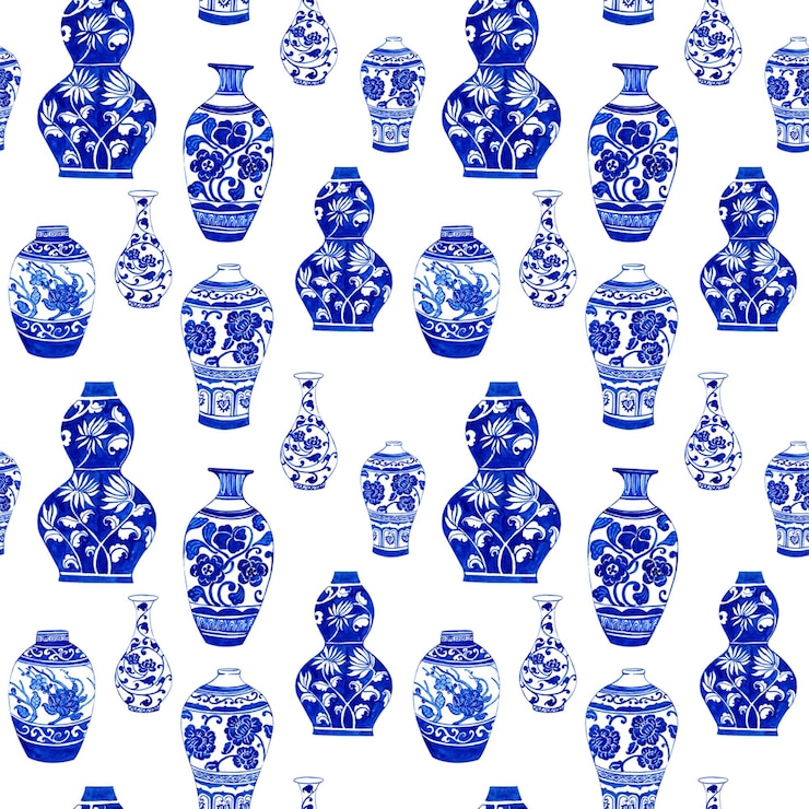 PSD arte porcelana chinesa detalhada desenho a mão pintura a aquarela padrão design sem costura