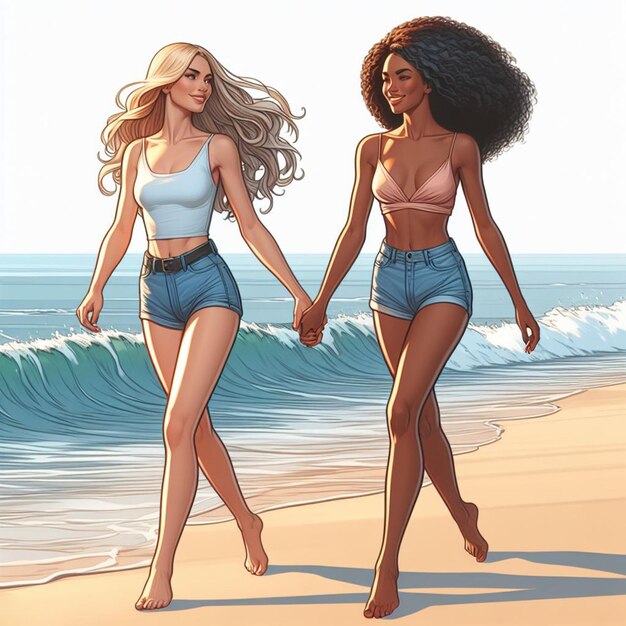 PSD arte vectorial hiperrealista 2 chicas mujeres felices diversidad étnica van de la mano amigos del atardecer de la playa