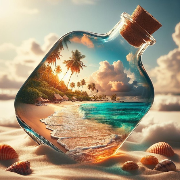 PSD arte vectorial hiperrealista del caribe mensaje en una botella escena de playa puesta de sol palmeras papel pintado