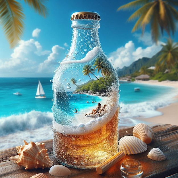 PSD arte vectorial hiperrealista del caribe mensaje en una botella escena de playa puesta de sol palmeras papel pintado