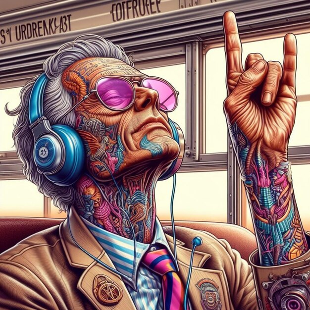 Arte vectorial hiperrealista colorido abuela feliz riendo escuchando música autobús bailando tatuaje